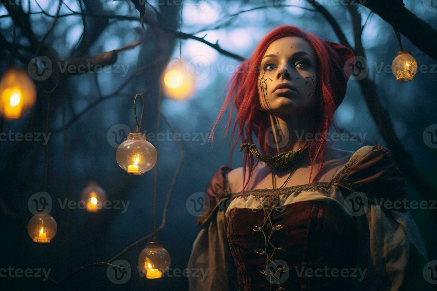 a woman with red hair in a forest with string lights generative AI photo