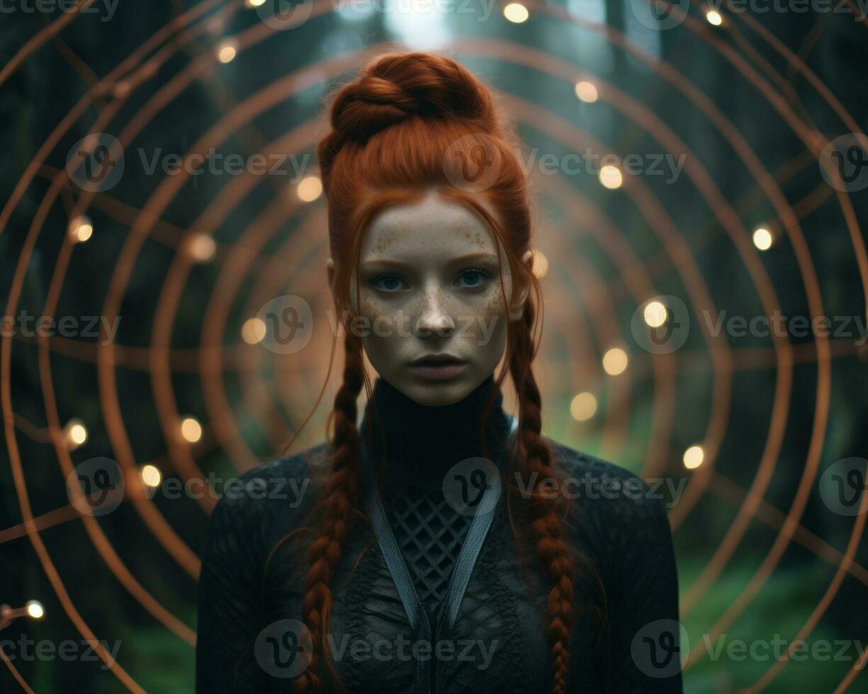 a woman with red hair and braids standing in front of a circle of lights generative AI photo