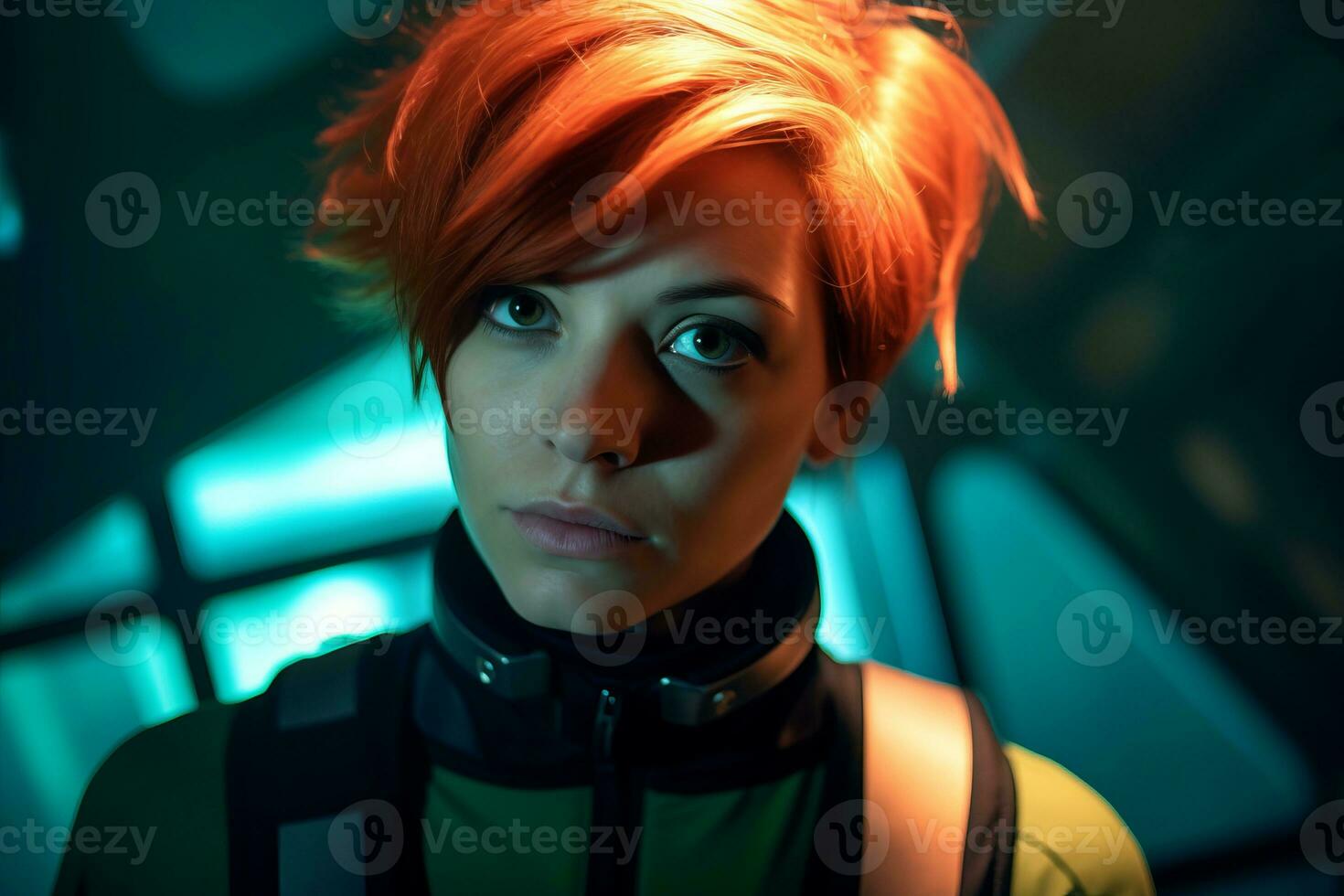 a woman with red hair in a sci   fi setting generative AI photo