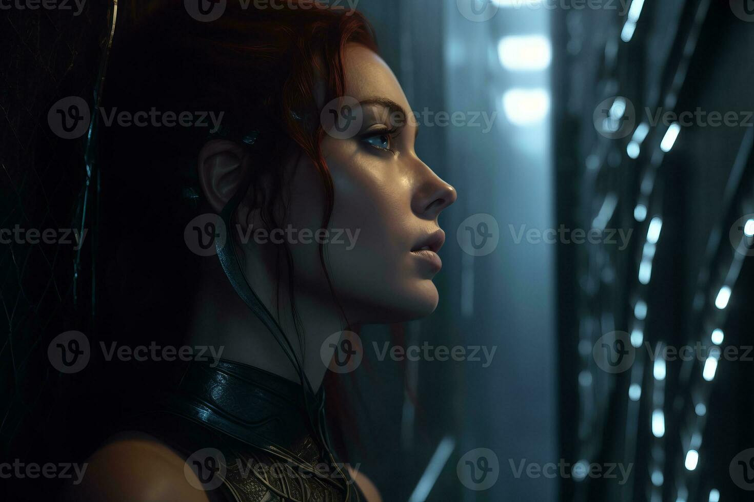 a woman with red hair in a futuristic setting generative AI photo
