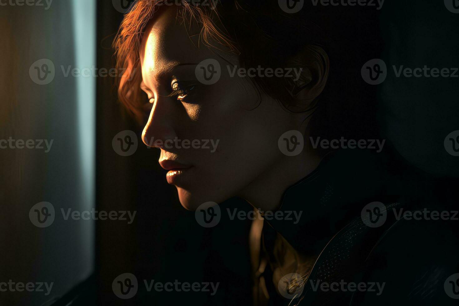 a woman with red hair looking out the window generative AI photo
