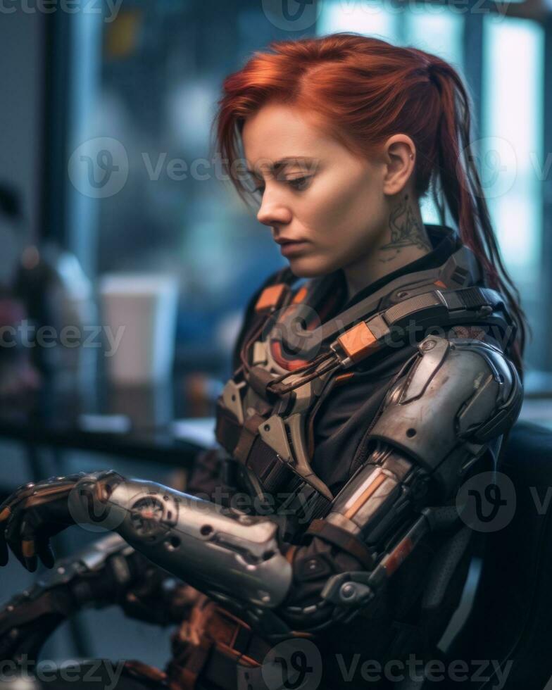 a woman with red hair sitting in front of a computer generative AI photo