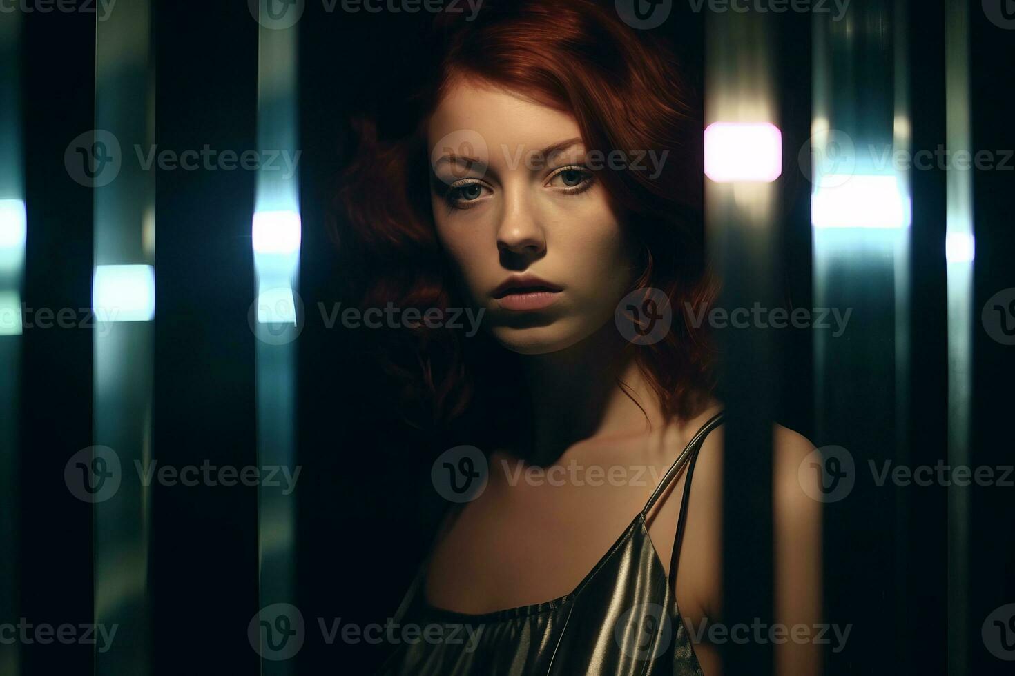 a woman with red hair standing in a dark room generative AI photo