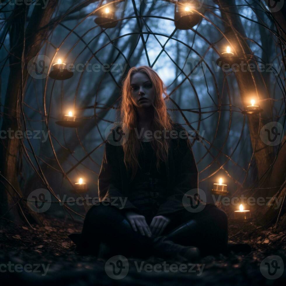 a woman with red hair sitting in the woods surrounded by candles generative AI photo