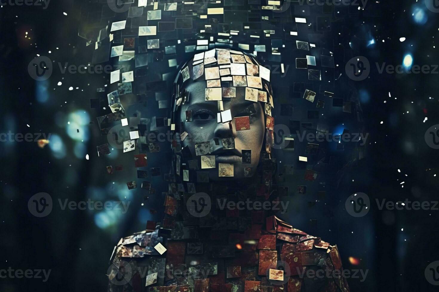 a woman with squares on her face in a forest generative AI photo