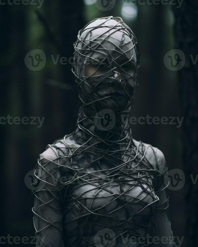 a woman wrapped in wire standing in the woods generative AI photo