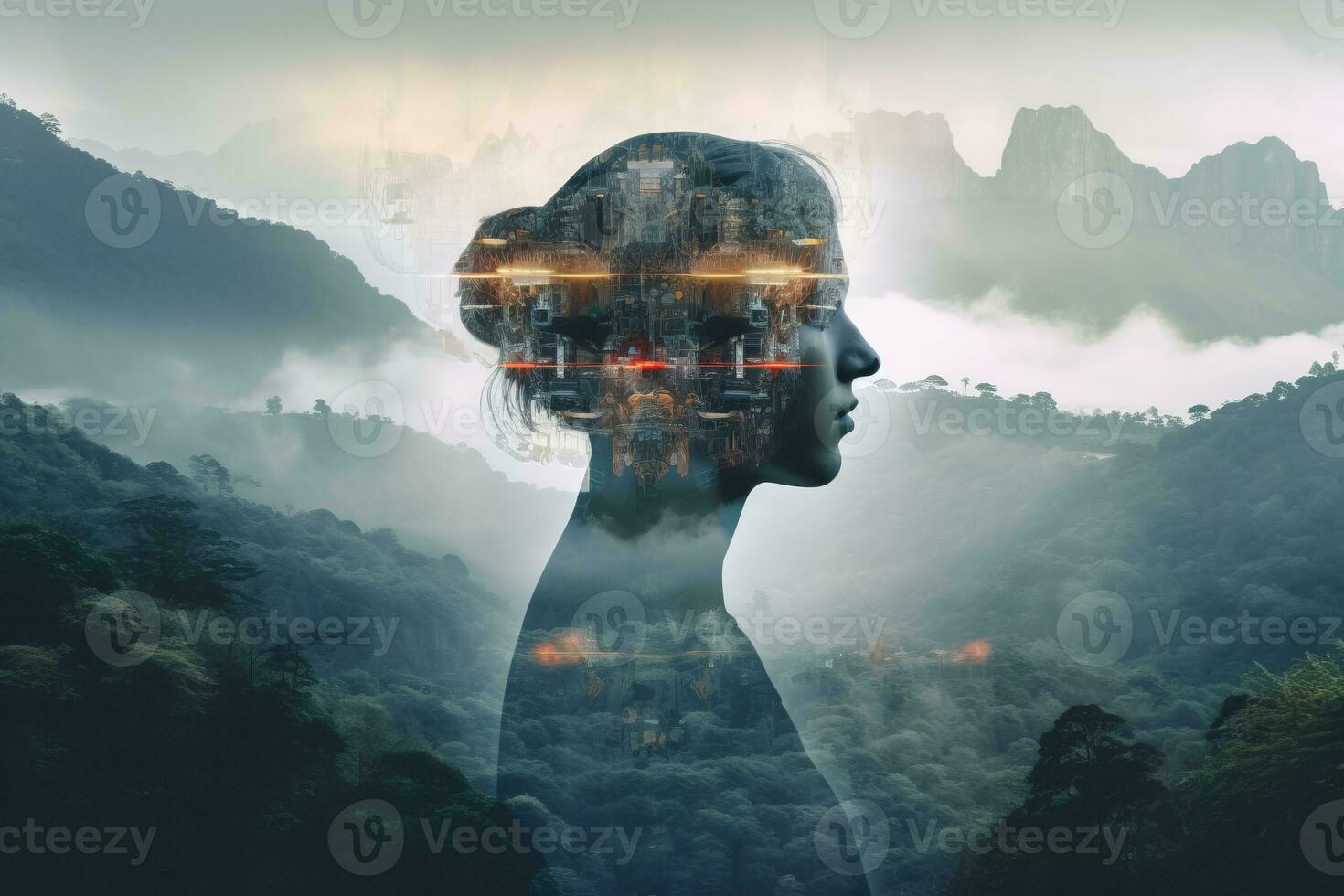 a womans head is silhouetted against a mountain and fog generative AI photo