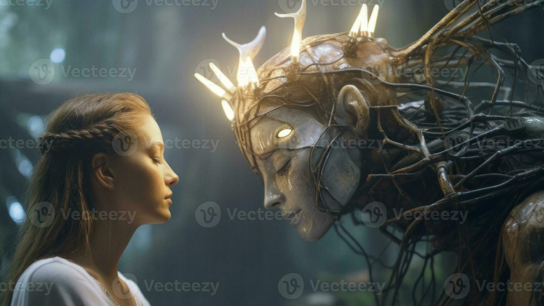 a young woman is looking at a tree with a head on it generative AI photo