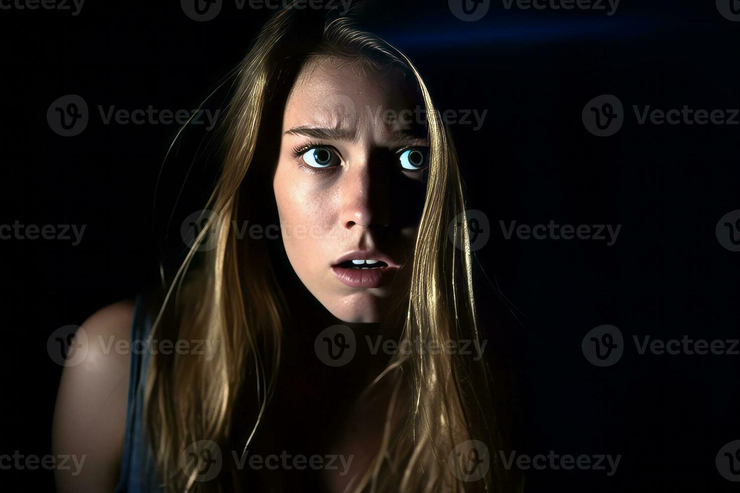 a young woman is looking at the camera in the dark generative AI photo