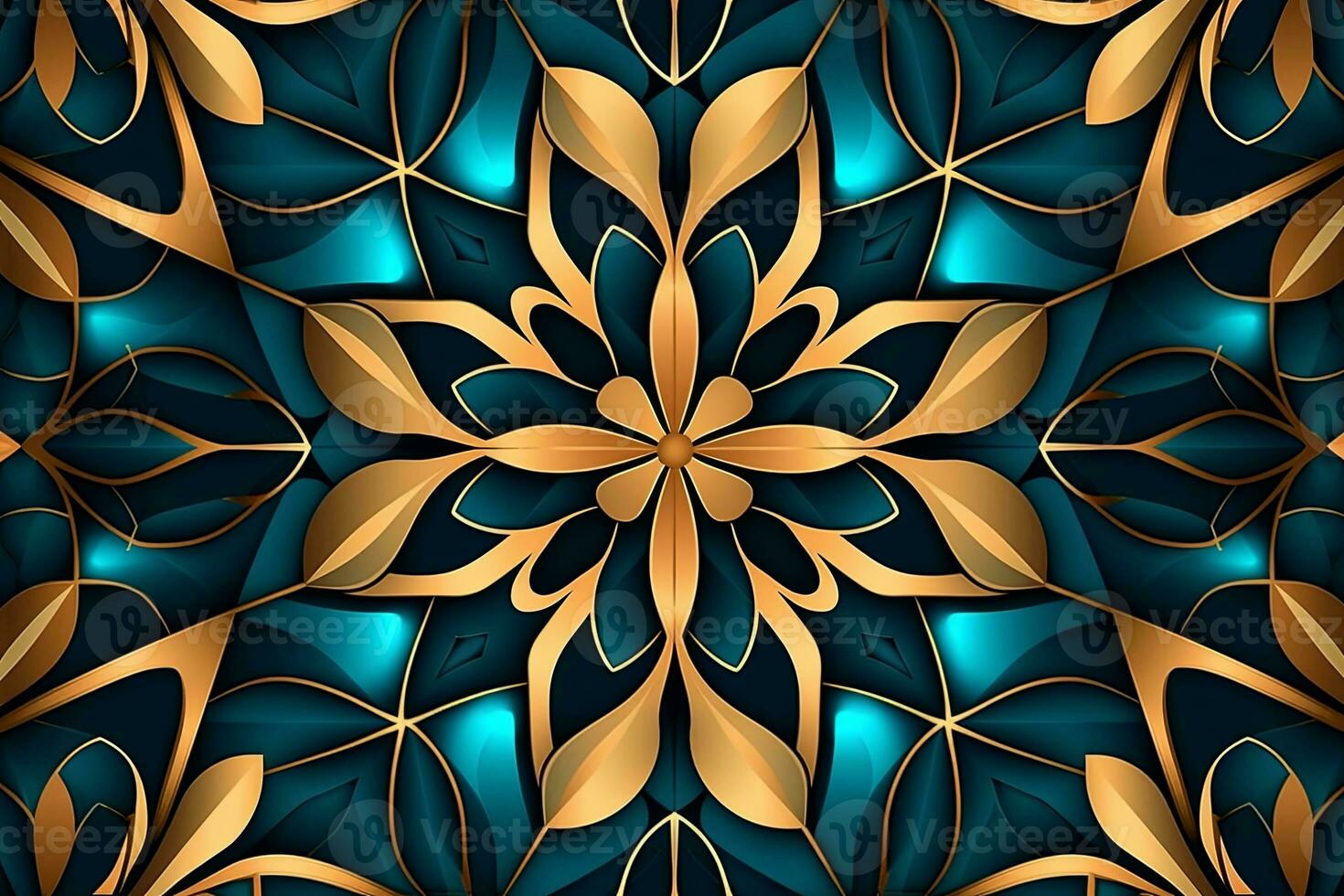 an abstract blue and gold floral pattern on a black background generative AI photo