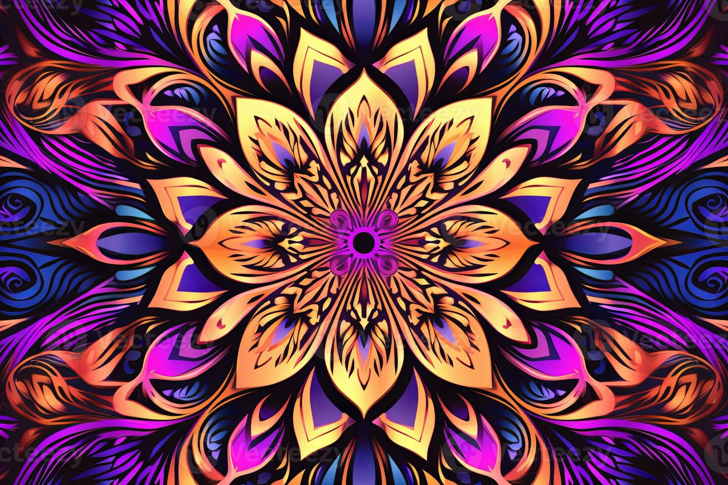 an abstract colorful flower design on a black background generative AI photo