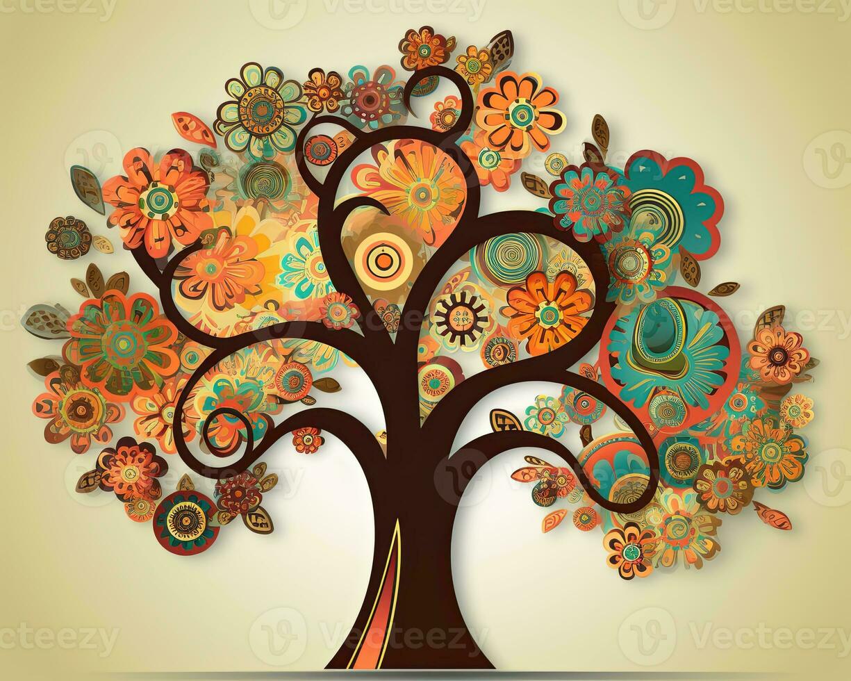 an abstract tree with colorful flowers on a beige background generative AI photo