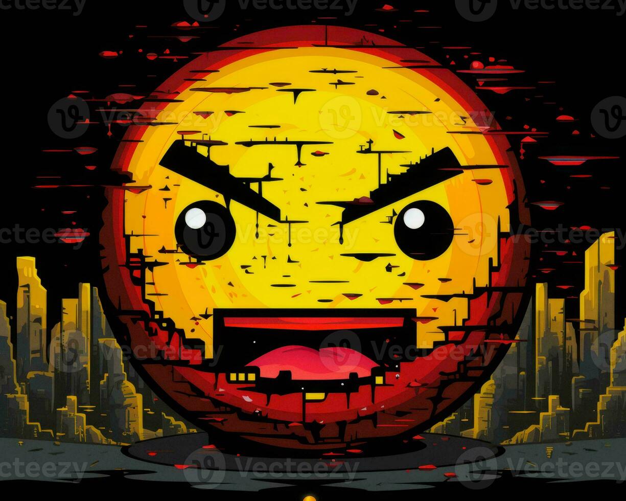an angry emoticion with a red face and a city in the background generative AI photo