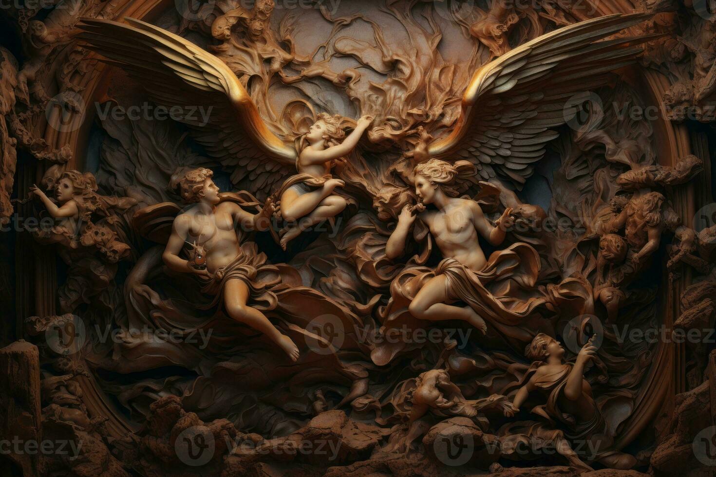 an angel statue surrounded by angels in a dark room generative AI photo