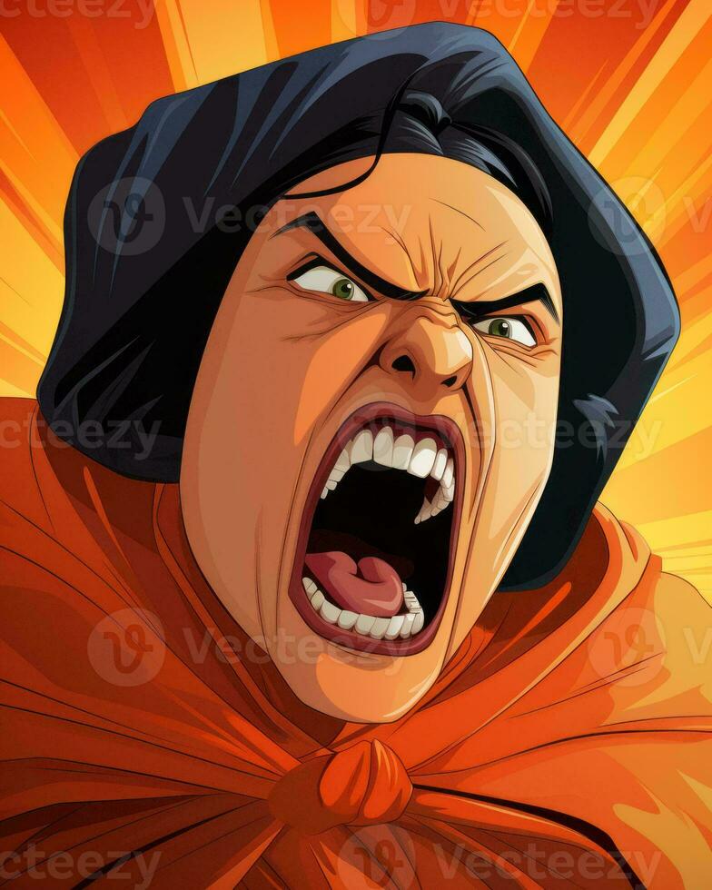 an angry woman with her mouth open in front of an orange background generative AI photo