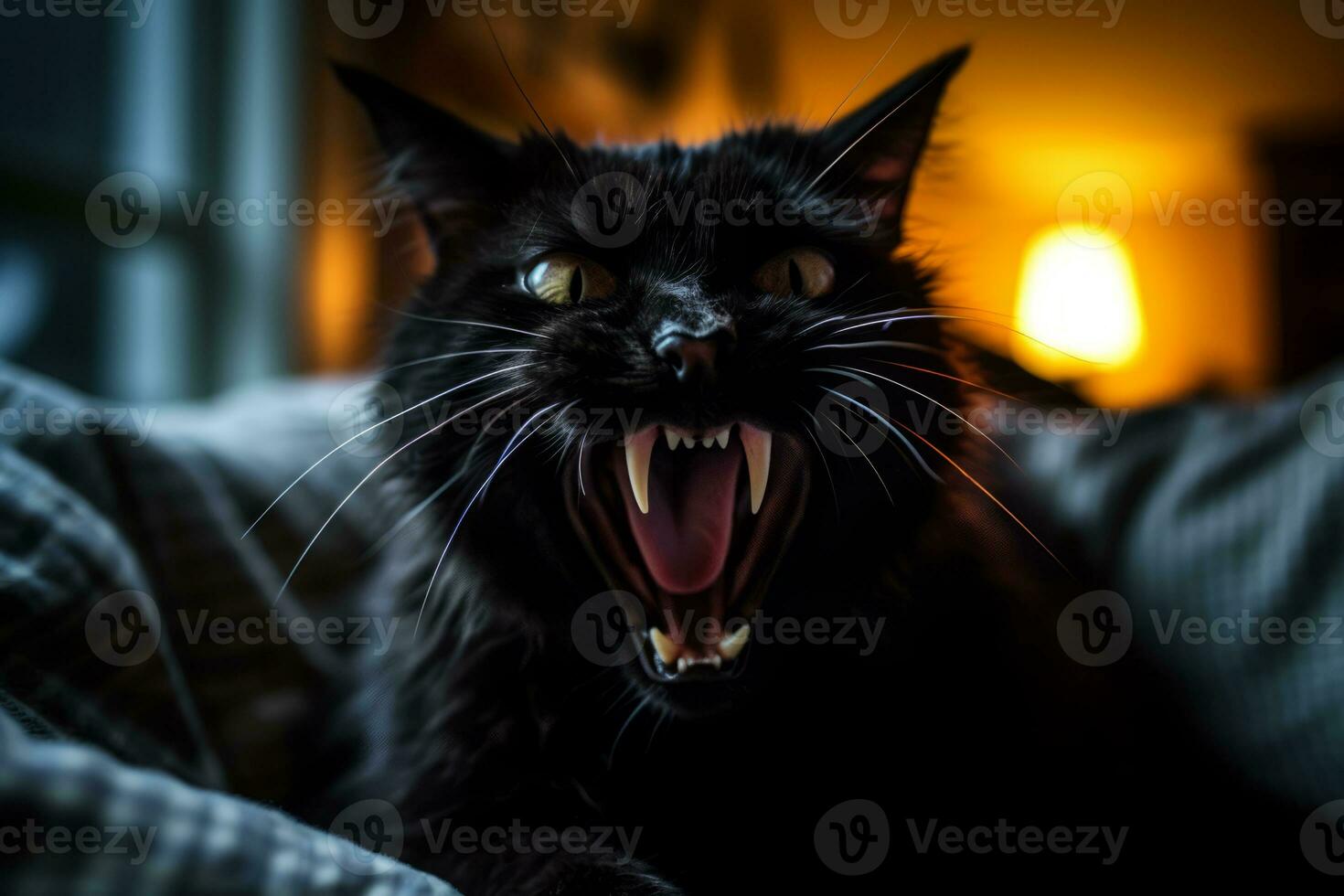 an angry black cat with its mouth open generative AI photo