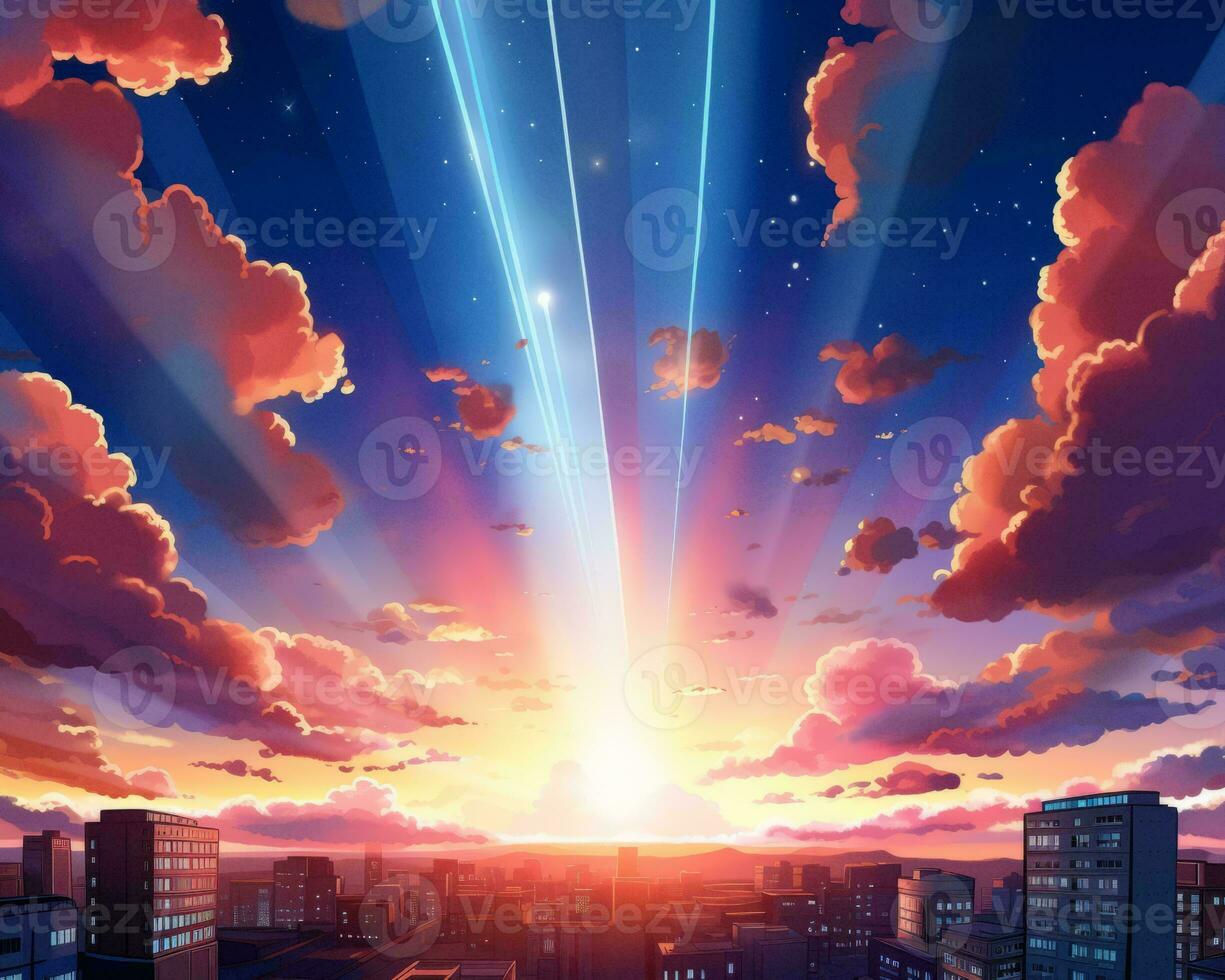 an anime scene of the sun rising over a city generative AI photo