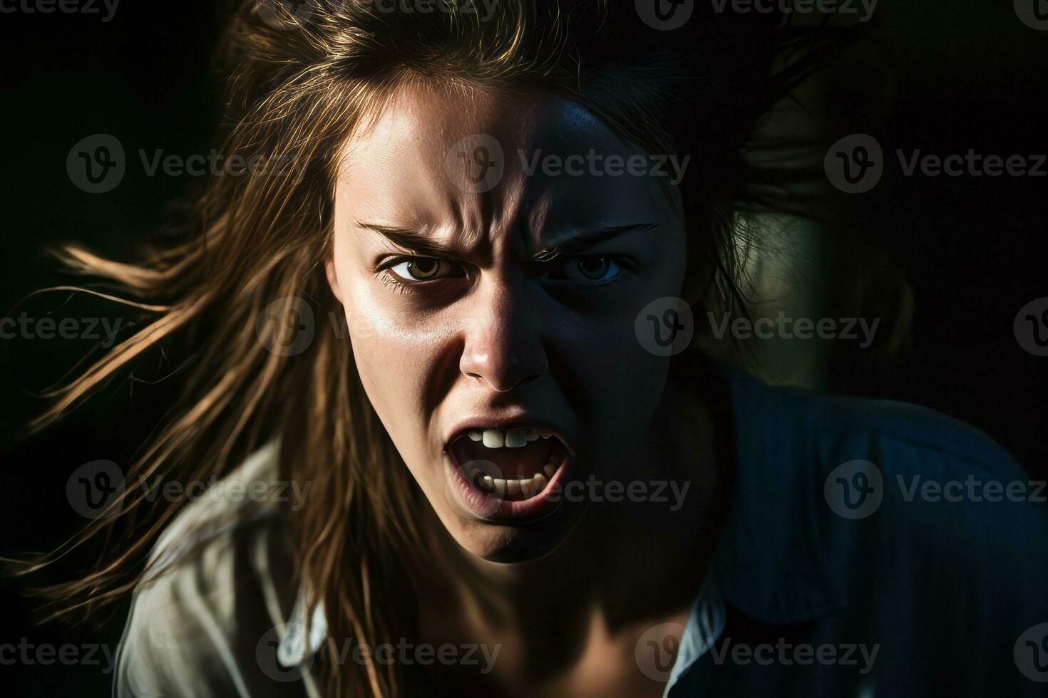 an angry woman with her mouth open in a dark room generative AI photo