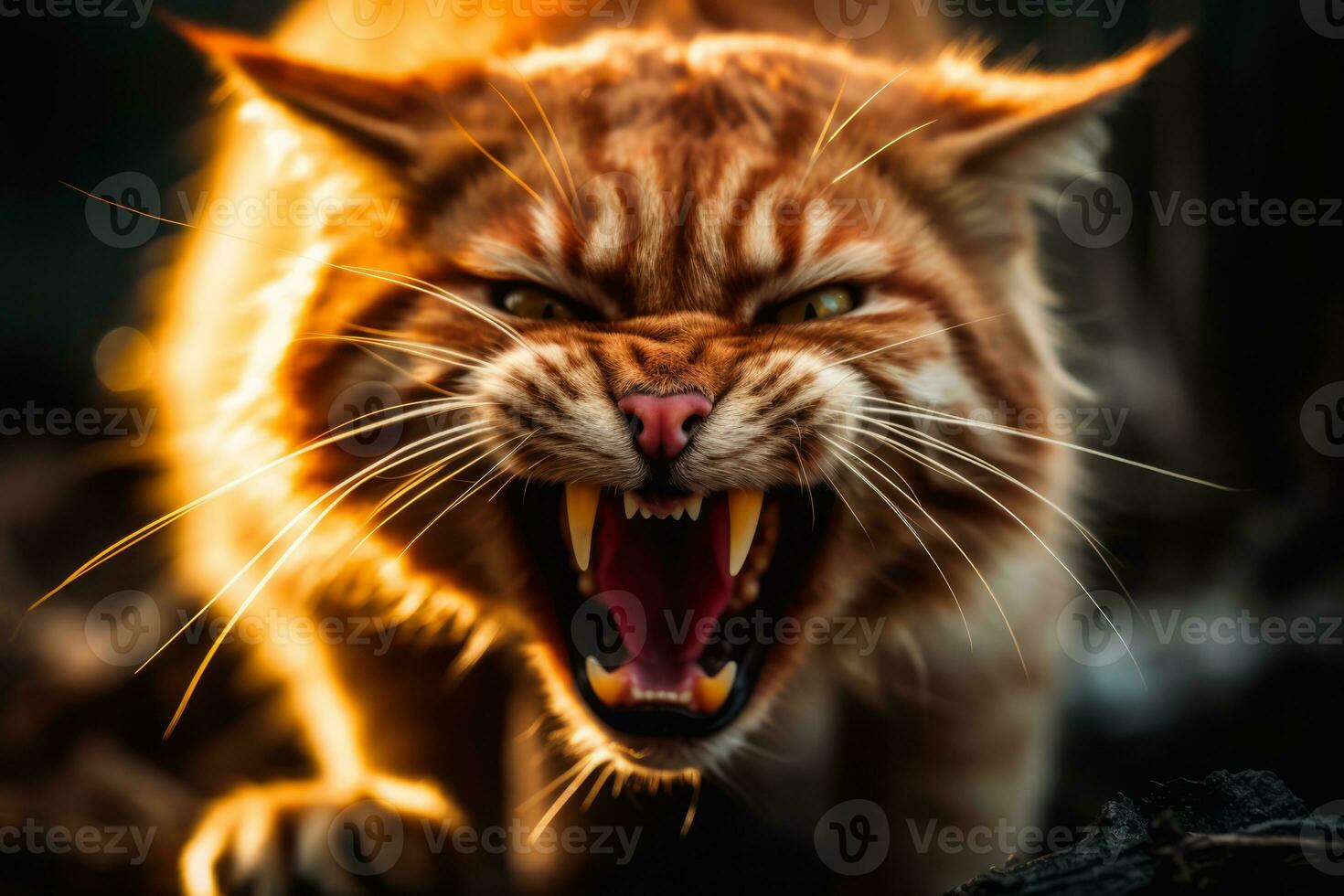 an angry red cat with its mouth open generative AI photo