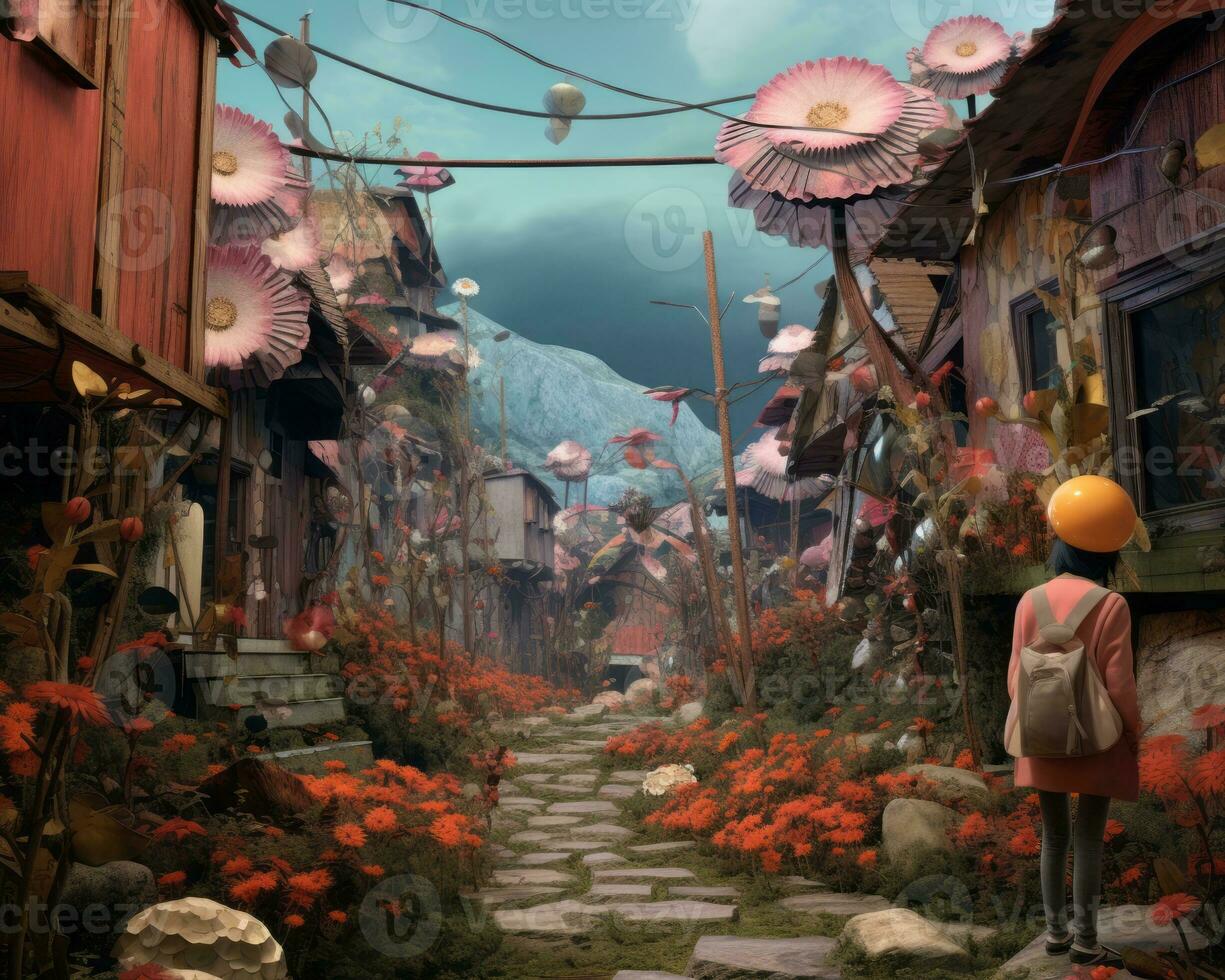 an animated scene of a girl walking down a street with flowers generative AI photo