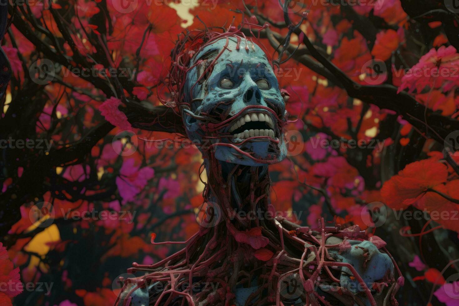 an animated image of a skeleton in a forest generative AI photo