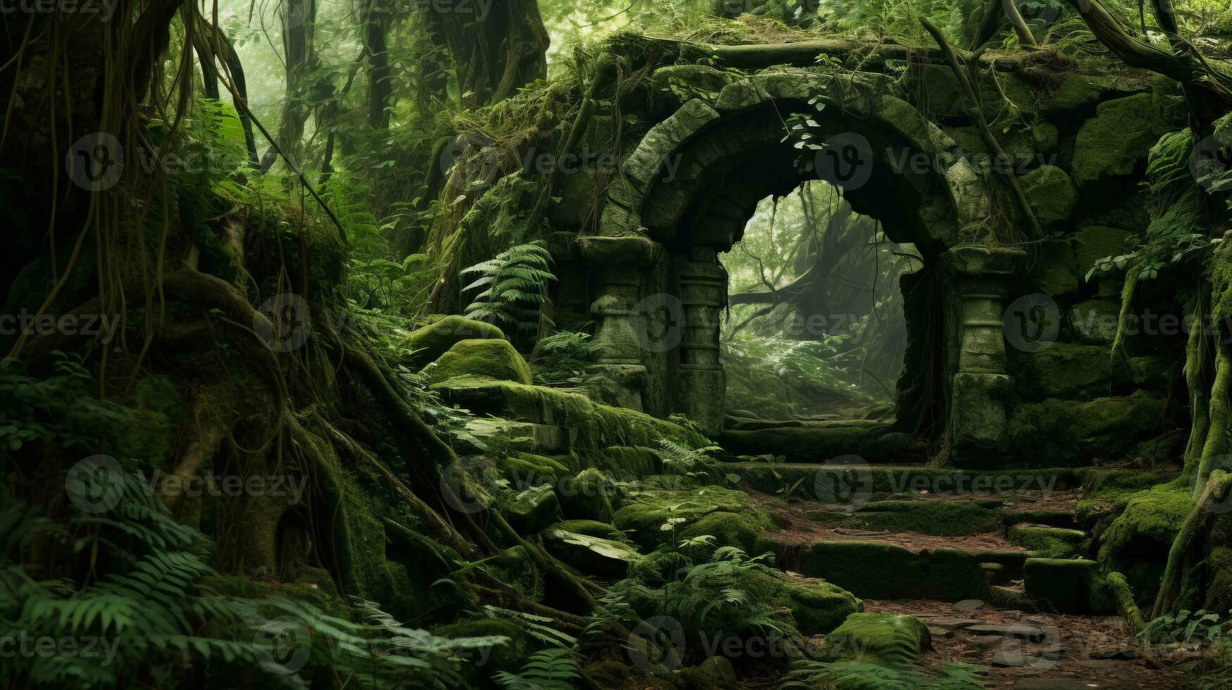 an archway in the middle of a jungle generative AI photo