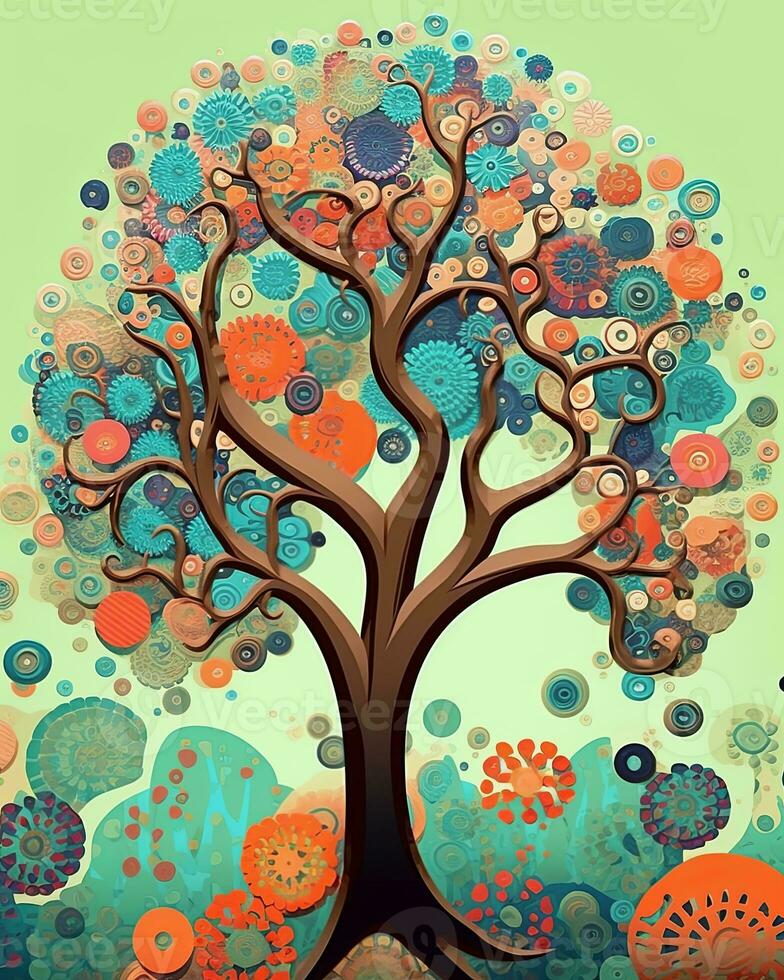 an artistic painting of a tree with colorful circles around it generative AI photo