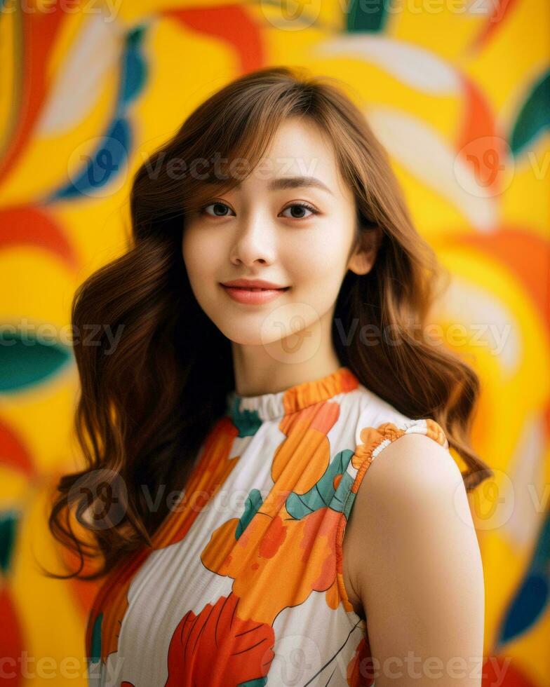 an asian woman in a colorful dress standing in front of a colorful wall generative AI photo