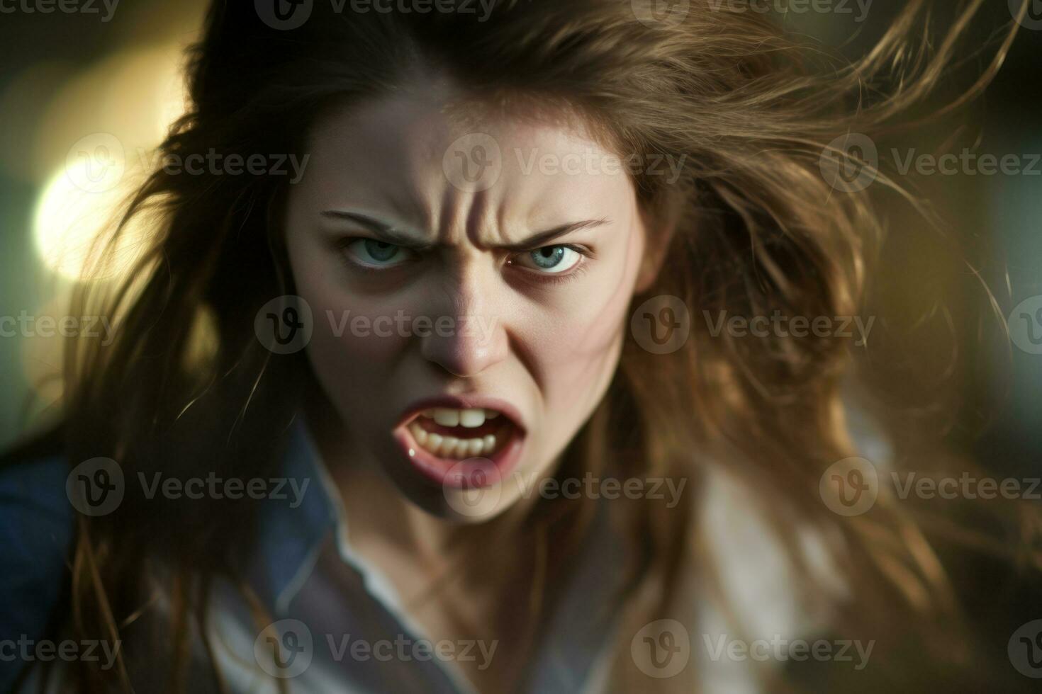 an angry woman with her mouth open in front of her generative AI photo