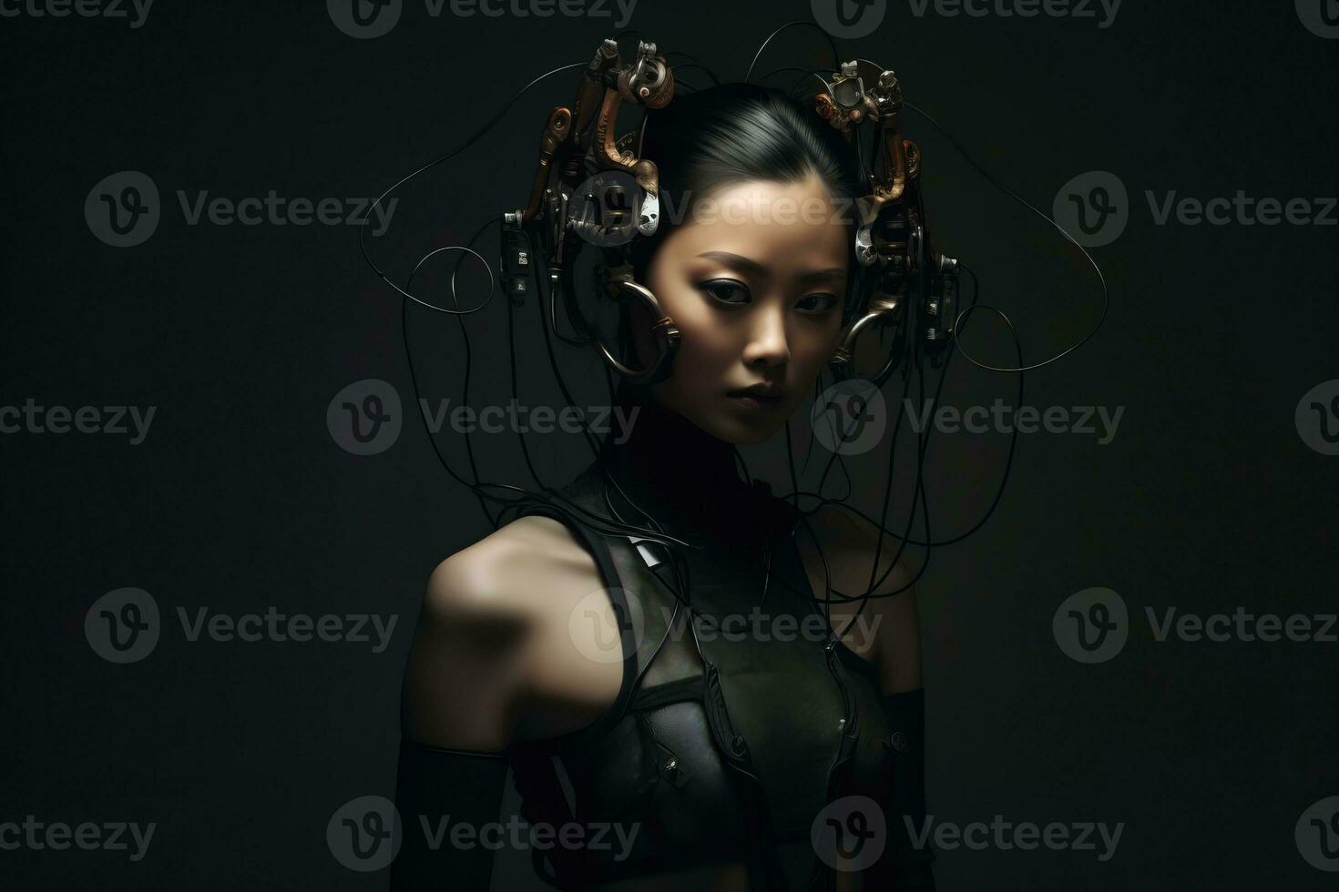an asian woman in a black outfit with a lot of wires on her head generative AI photo