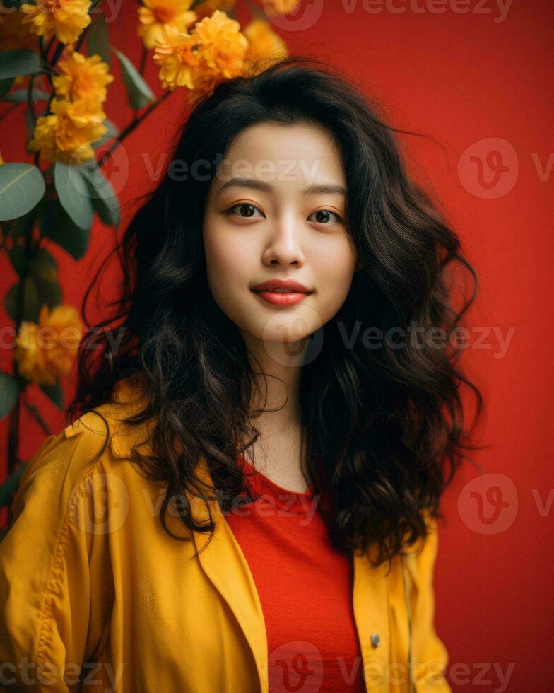 an asian woman in a red shirt and yellow jacket posing in front of yellow flowers generative AI photo