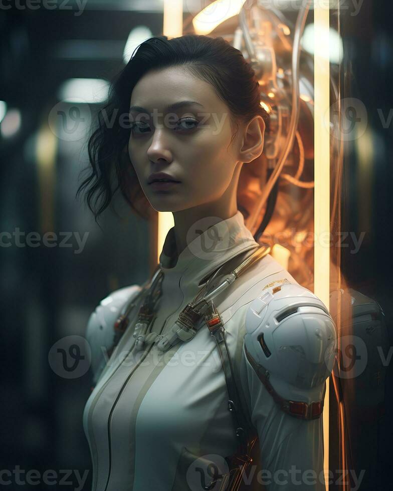 an asian woman in a futuristic suit stands in front of a mirror generative AI photo