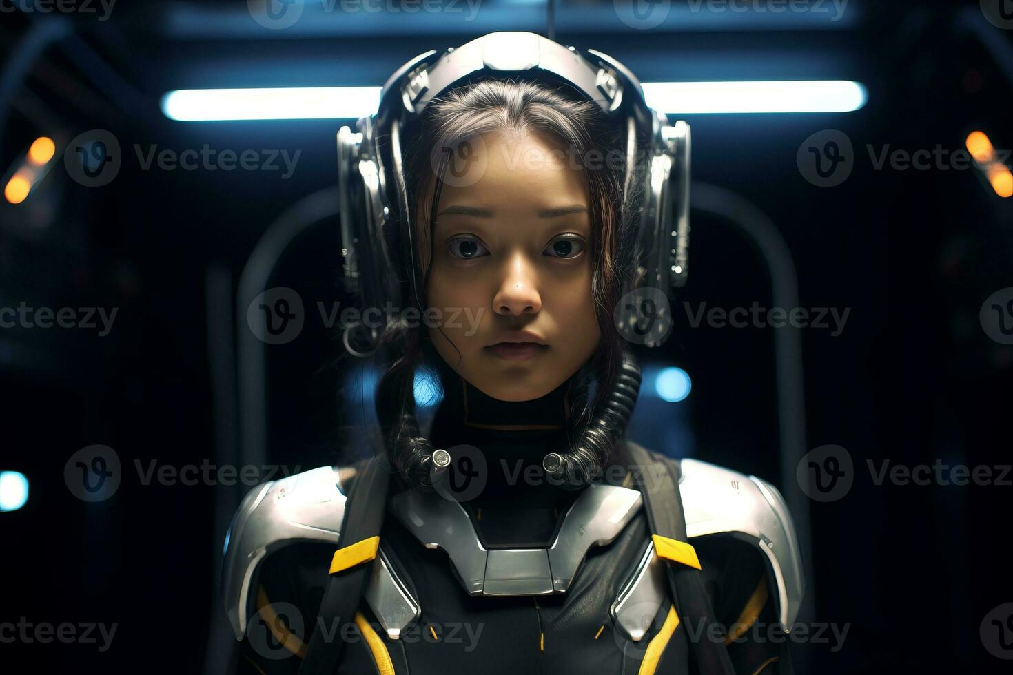 an asian woman in a sci   fi suit stands in a dark room generative AI photo