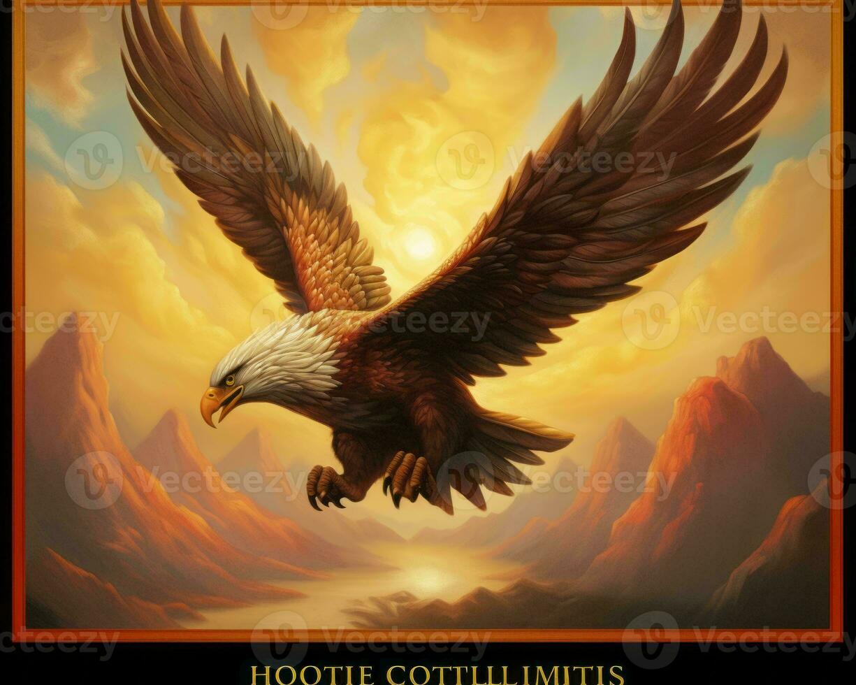 an eagle flying over a mountain with the words hootie scott generative AI photo