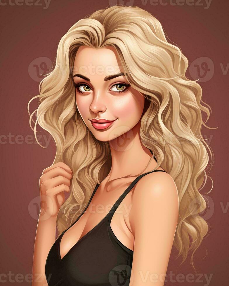 an illustration of a beautiful blonde woman with long wavy hair generative AI photo