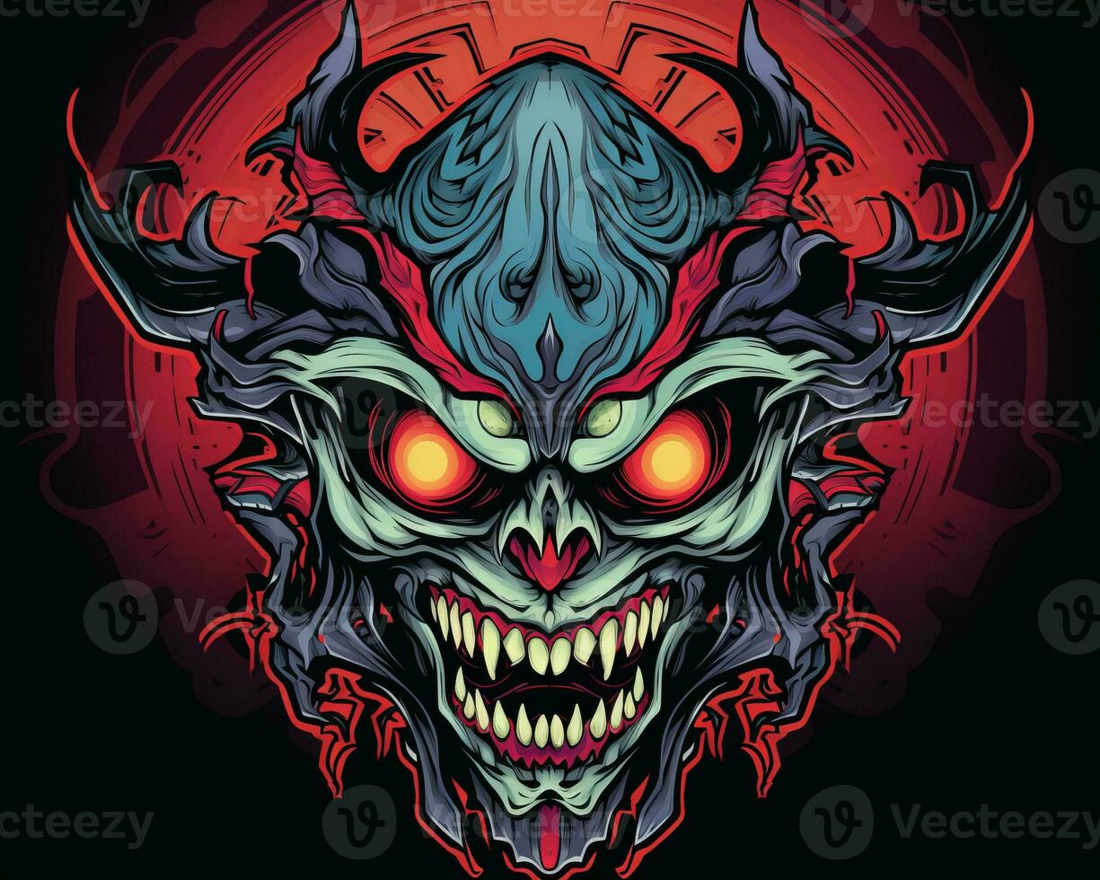 an evil demon head with red eyes on a black background generative AI photo