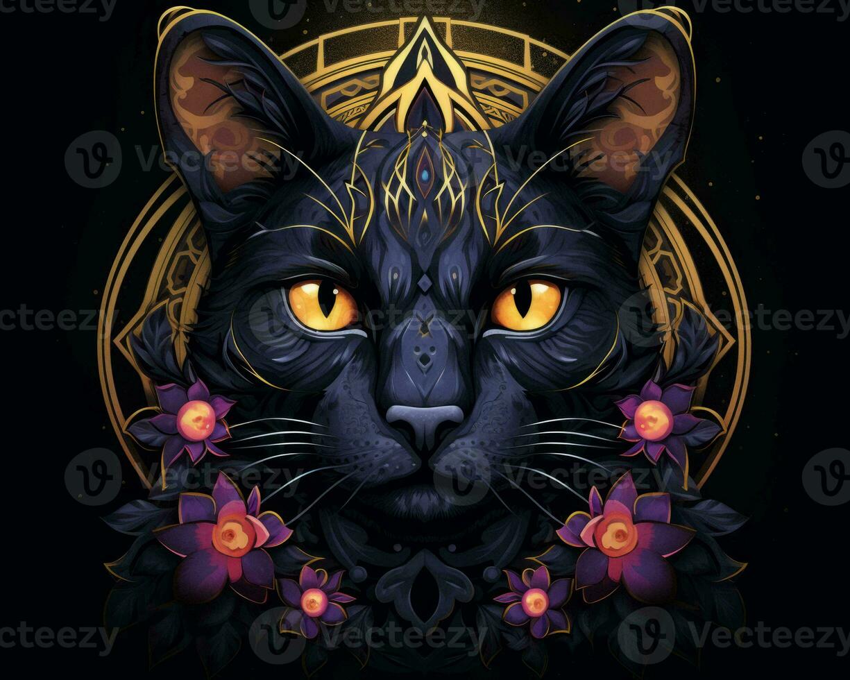 an illustration of a black cat with purple flowers generative AI photo