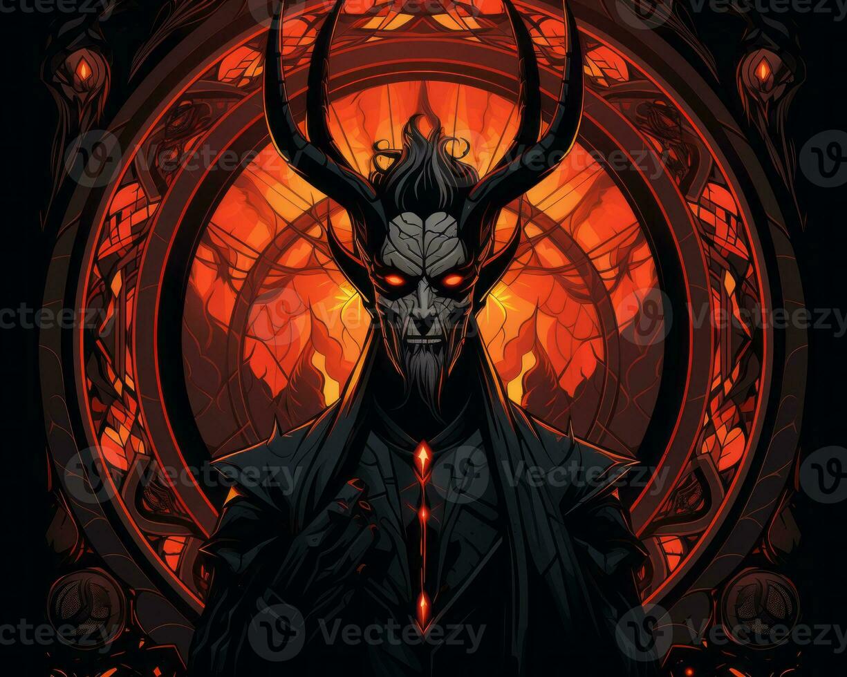 an evil demon with horns on his head in front of an orange and black background generative AI photo
