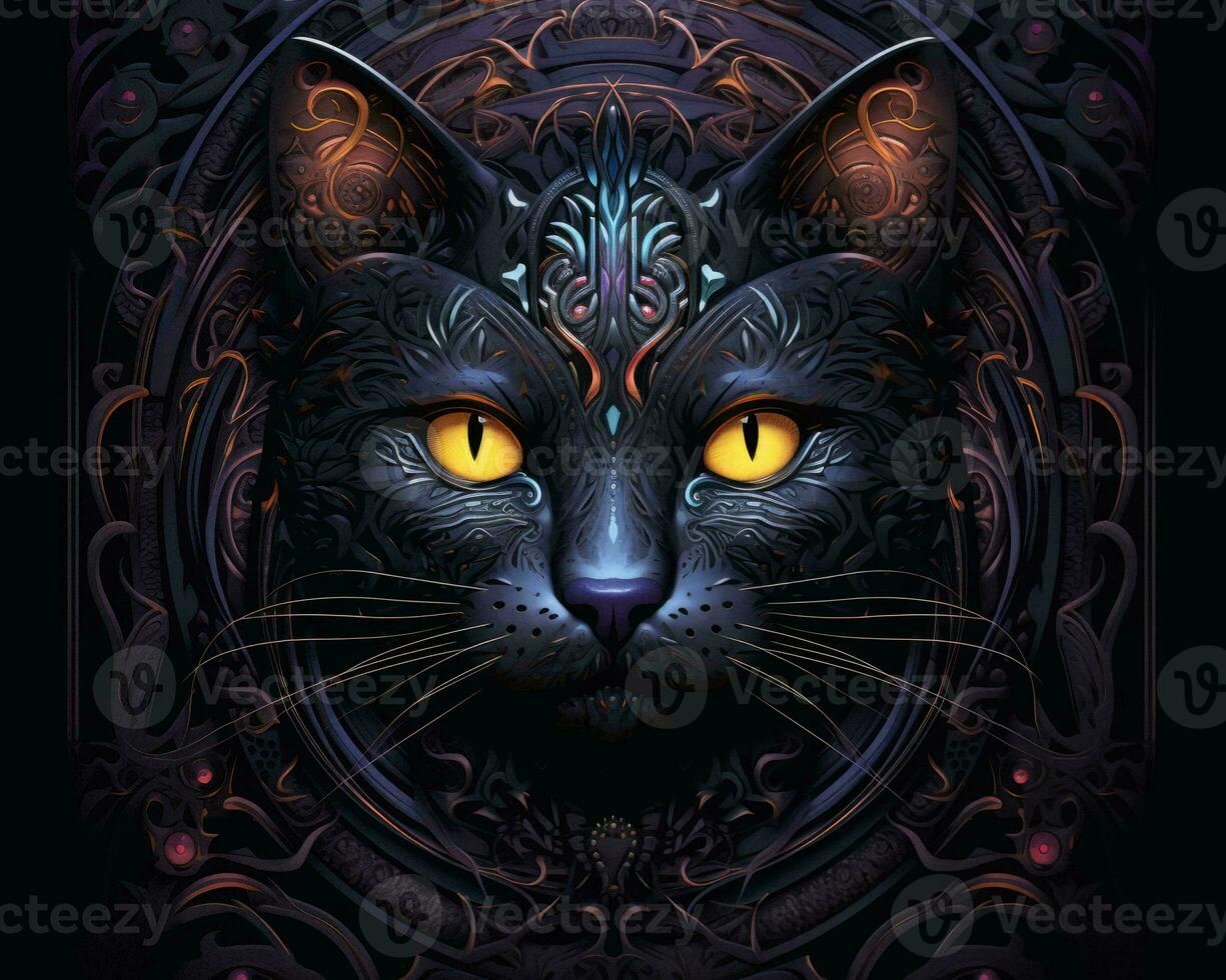 an illustration of a black cat with yellow eyes generative AI photo