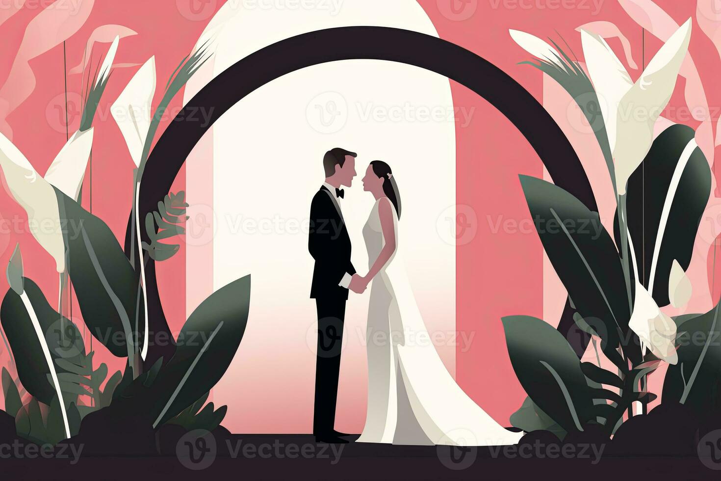 an illustration of a bride and groom standing in front of an arch generative AI photo