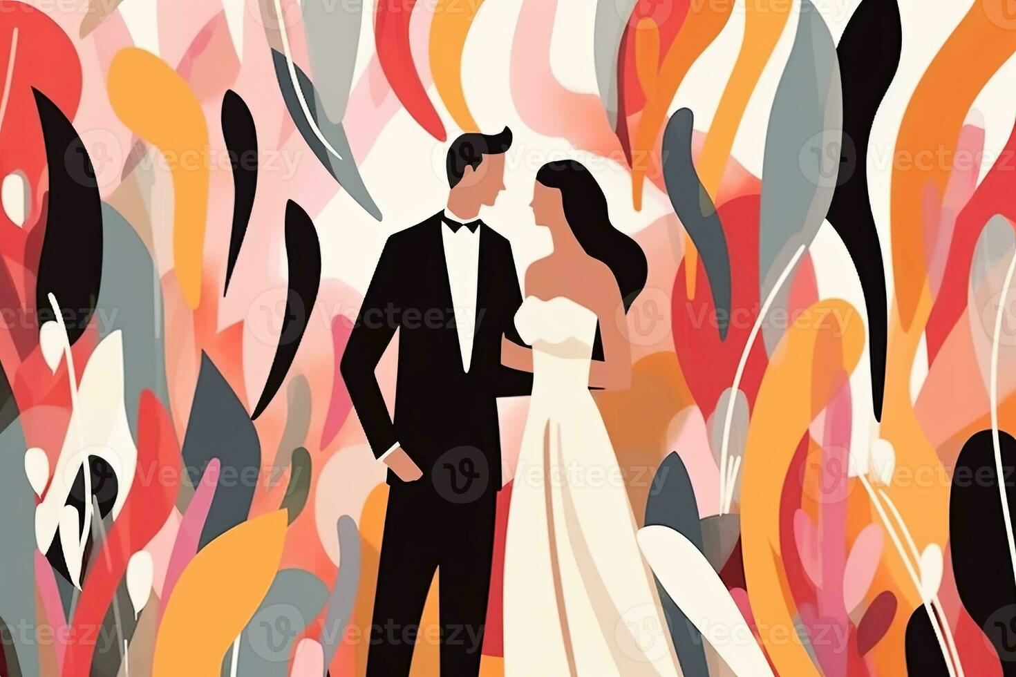 an illustration of a bride and groom standing in front of an abstract background generative AI photo