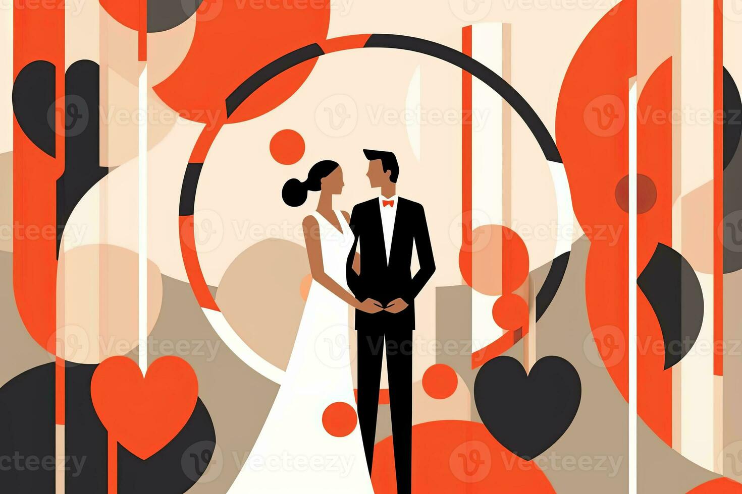 an illustration of a bride and groom standing in front of an abstract background generative AI photo