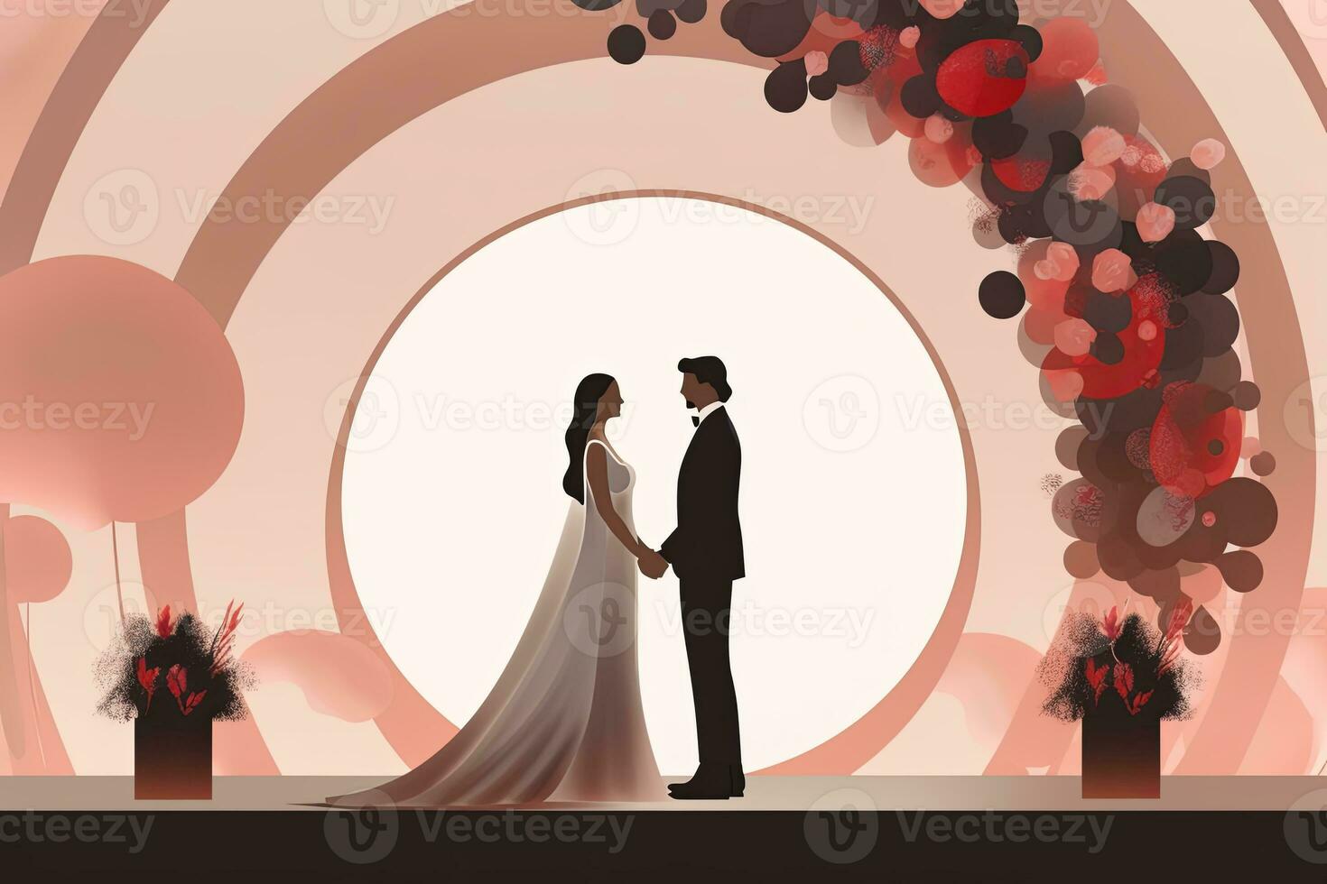 an illustration of a bride and groom standing in front of an arch generative AI photo