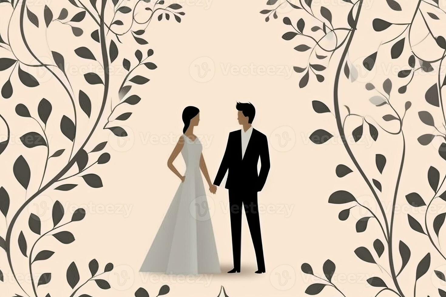an illustration of a bride and groom standing in front of an arch of leaves generative AI photo