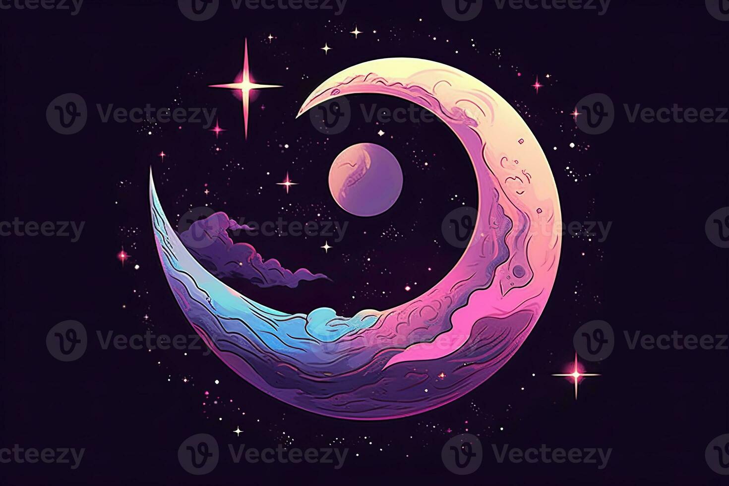 an illustration of a crescent moon with stars in the background generative AI photo