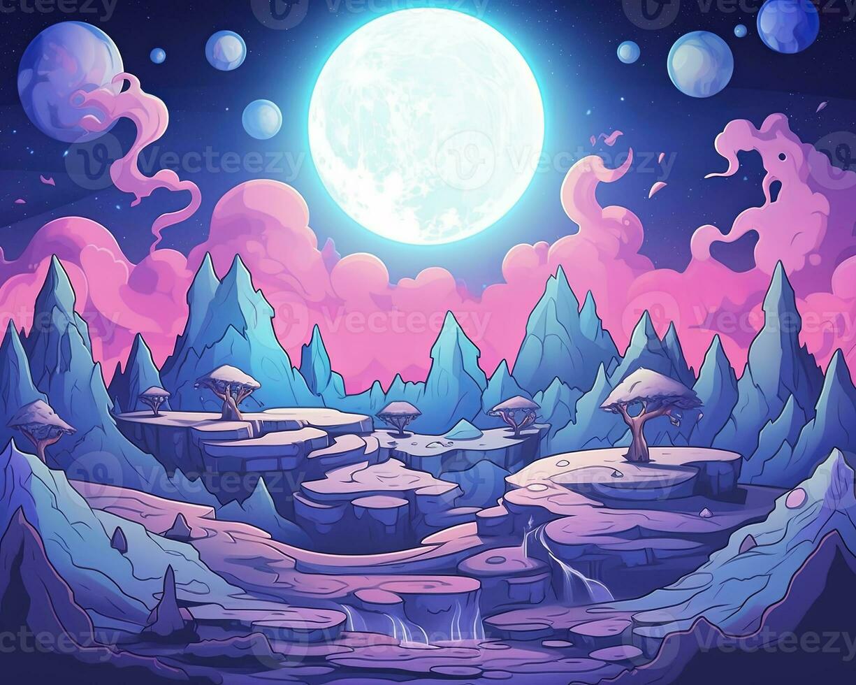 an illustration of a fantasy landscape with a full moon in the sky generative AI photo