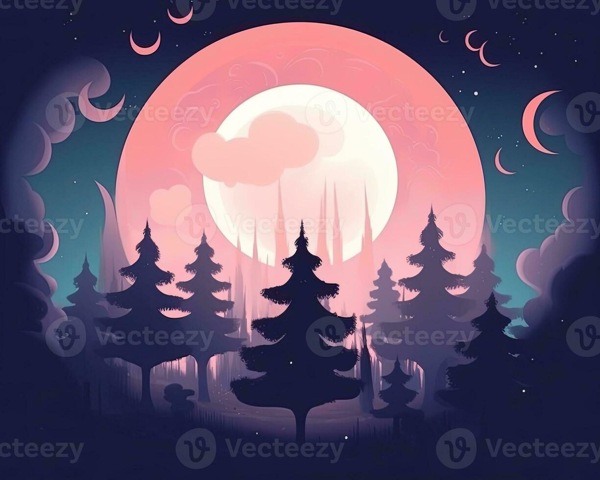an illustration of a forest at night with a full moon in the background generative AI photo