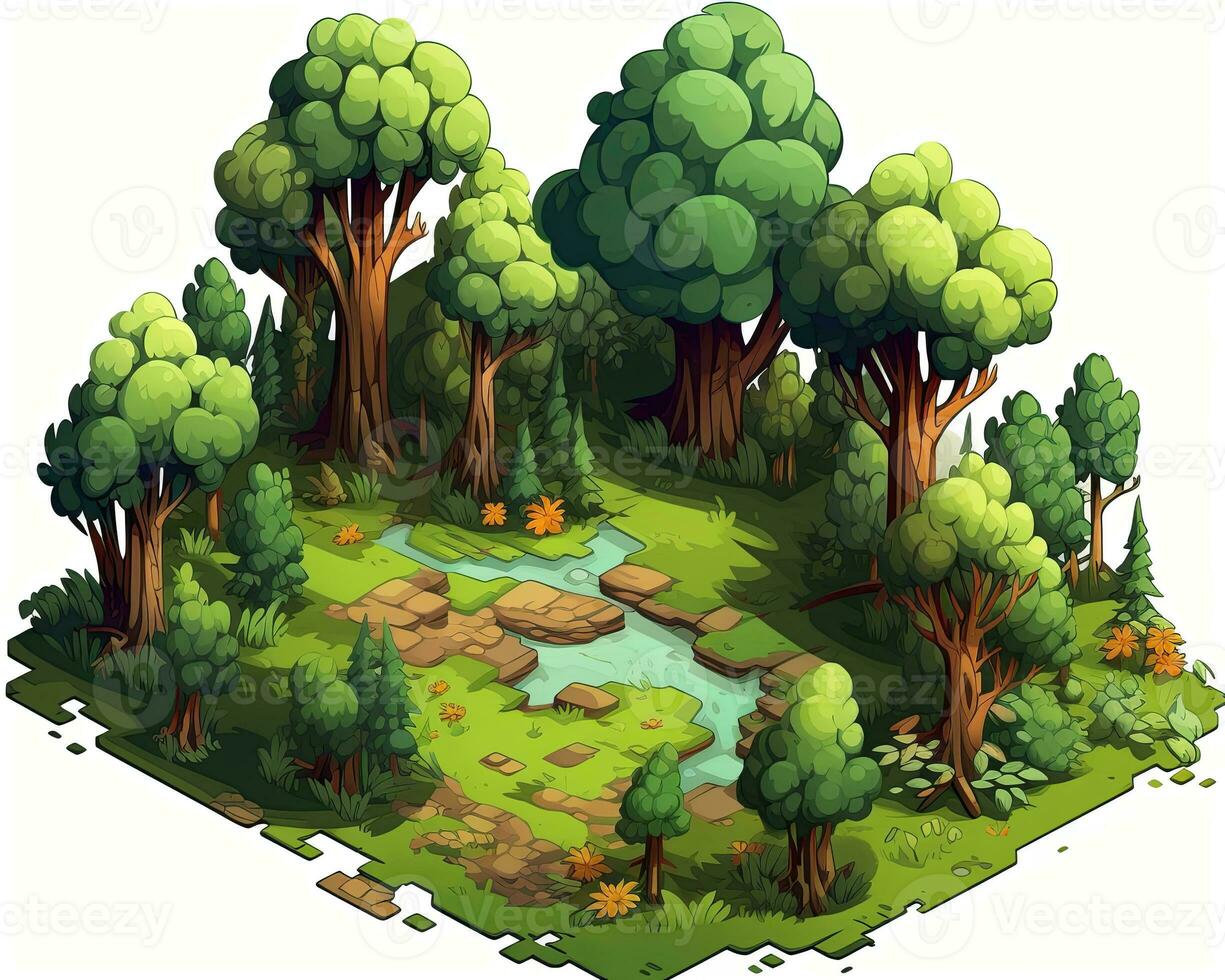 an illustration of a forest with trees and a stream generative AI photo
