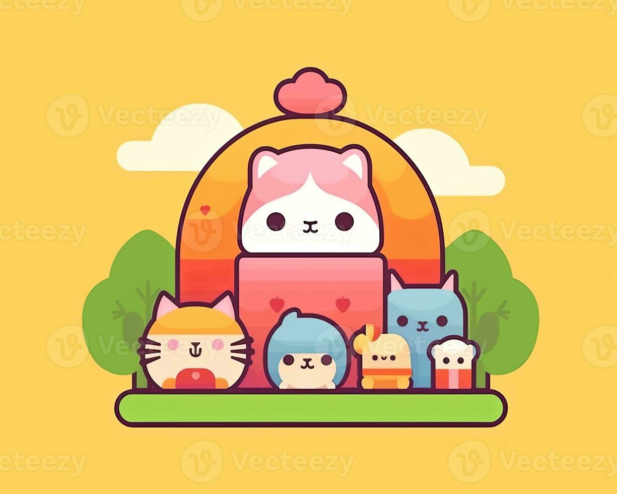 an illustration of a group of cats and dogs sitting on top of a house generative AI photo