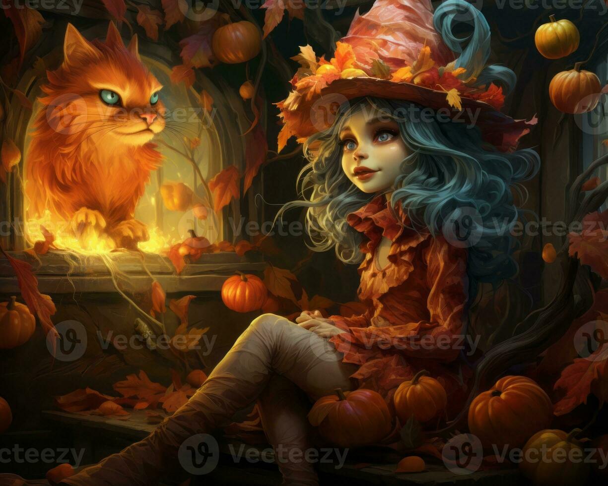 an illustration of a little girl in a witch costume with pumpkins and cats generative AI photo